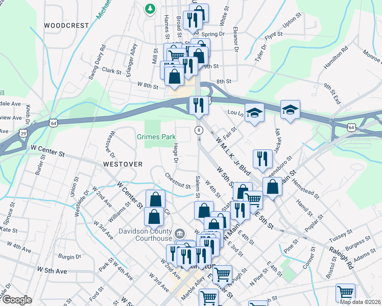 map of restaurants, bars, coffee shops, grocery stores, and more near 5 Grimes Circle in Lexington