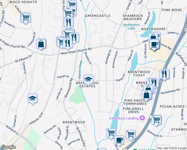 map of restaurants, bars, coffee shops, grocery stores, and more near 3608 Brinkley Drive in Raleigh