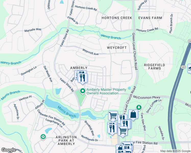 map of restaurants, bars, coffee shops, grocery stores, and more near 3019 Bear Oak Lane in Cary