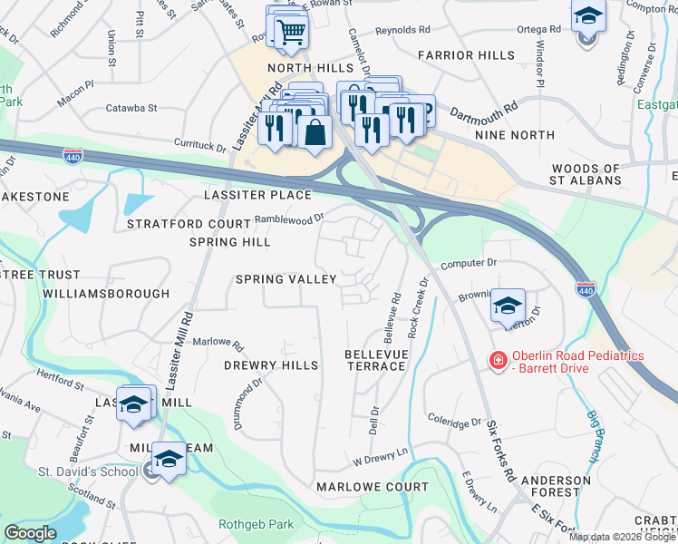 map of restaurants, bars, coffee shops, grocery stores, and more near 3609 Rolston Drive in Raleigh