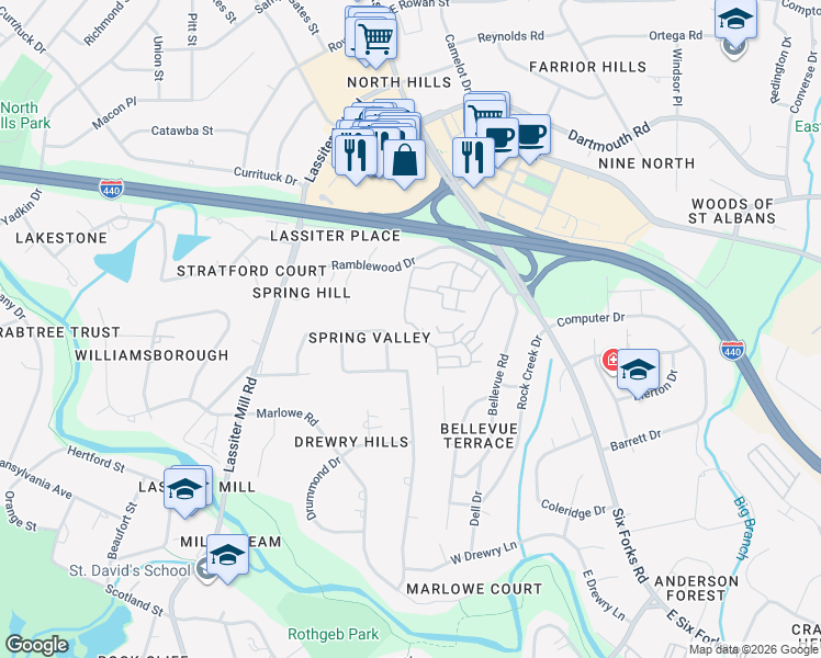 map of restaurants, bars, coffee shops, grocery stores, and more near 349 Allister Drive in Raleigh