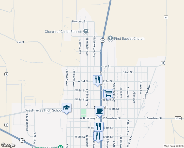 map of restaurants, bars, coffee shops, grocery stores, and more near W 2nd St in Stinnett