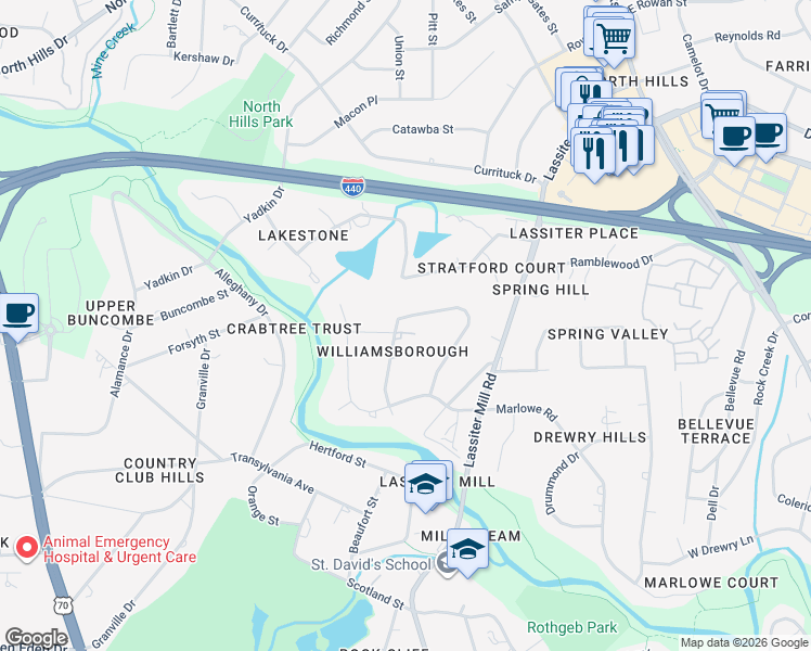map of restaurants, bars, coffee shops, grocery stores, and more near 3609 Williamsborough Court in Raleigh