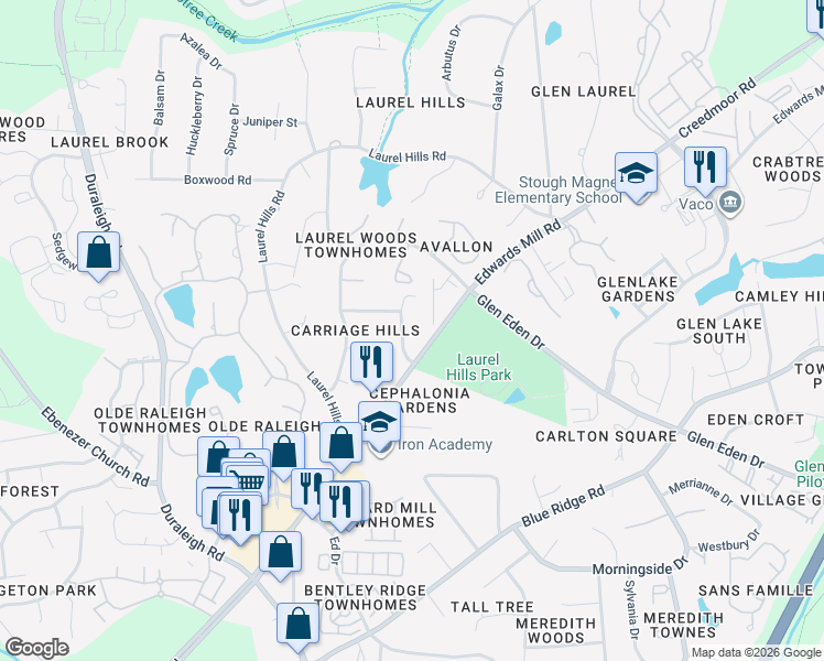 map of restaurants, bars, coffee shops, grocery stores, and more near 3514 Carriage Drive in Raleigh