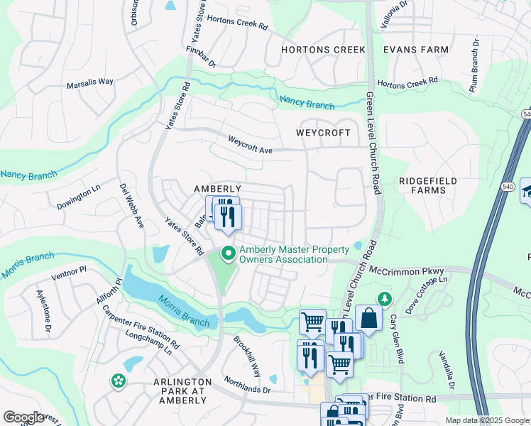 map of restaurants, bars, coffee shops, grocery stores, and more near 3019 Bear Oak Lane in Cary