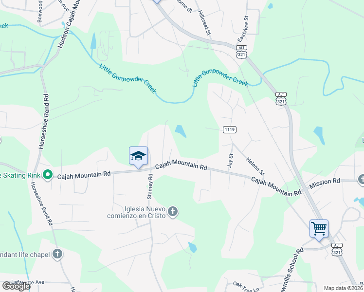 map of restaurants, bars, coffee shops, grocery stores, and more near 1726 Cajah Mountain Road in Hudson