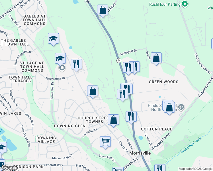 map of restaurants, bars, coffee shops, grocery stores, and more near 1024 Yatesbury Place in Morrisville