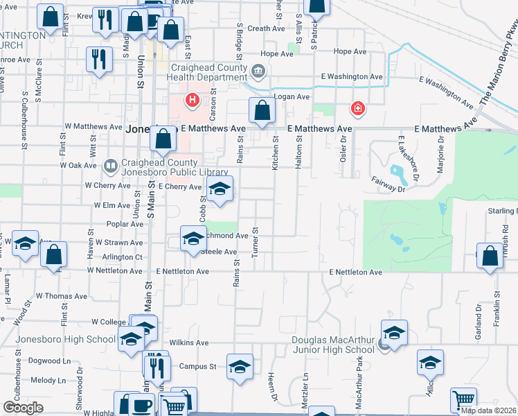 map of restaurants, bars, coffee shops, grocery stores, and more near 1101 Turner Street in Jonesboro
