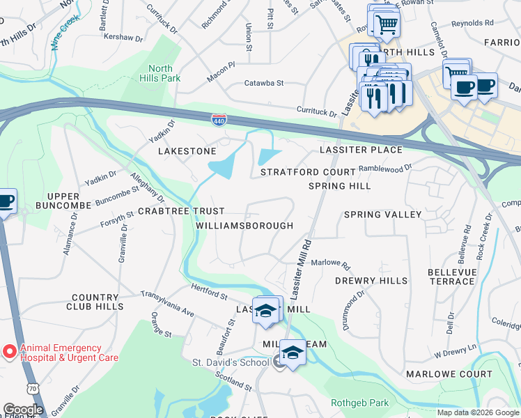 map of restaurants, bars, coffee shops, grocery stores, and more near 3609 Williamsborough Court in Raleigh
