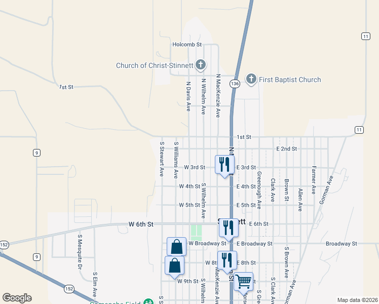 map of restaurants, bars, coffee shops, grocery stores, and more near 200 West 2nd Street in Stinnett