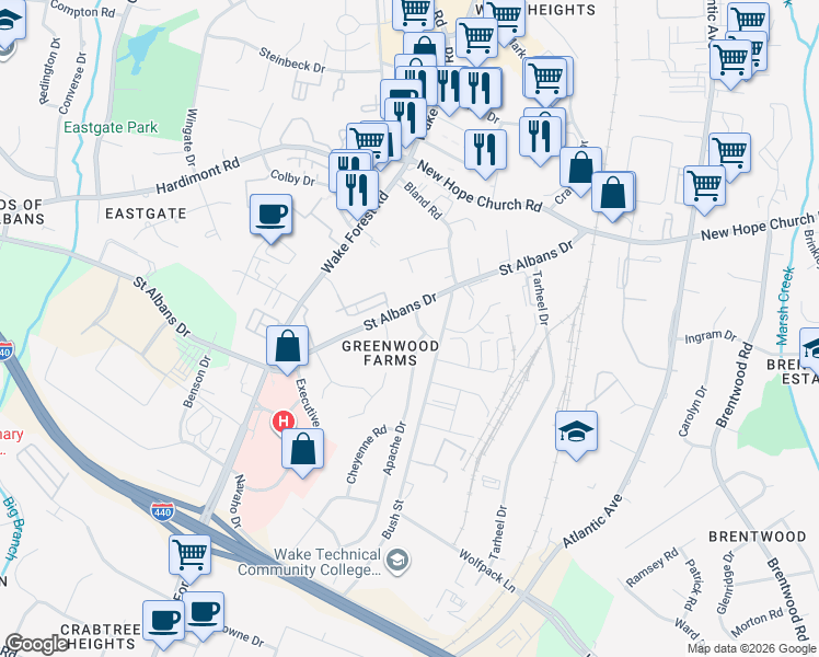map of restaurants, bars, coffee shops, grocery stores, and more near 3404 Sioux Drive in Raleigh