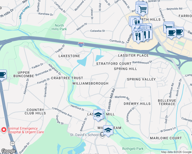 map of restaurants, bars, coffee shops, grocery stores, and more near 3609 Williamsborough Court in Raleigh