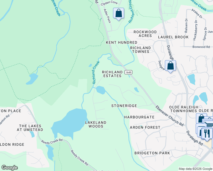 map of restaurants, bars, coffee shops, grocery stores, and more near 5001 Richland Drive in Raleigh