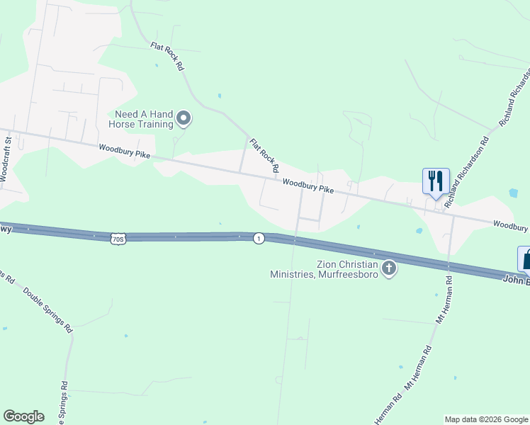 map of restaurants, bars, coffee shops, grocery stores, and more near 4012 Woodbury Pike in Murfreesboro