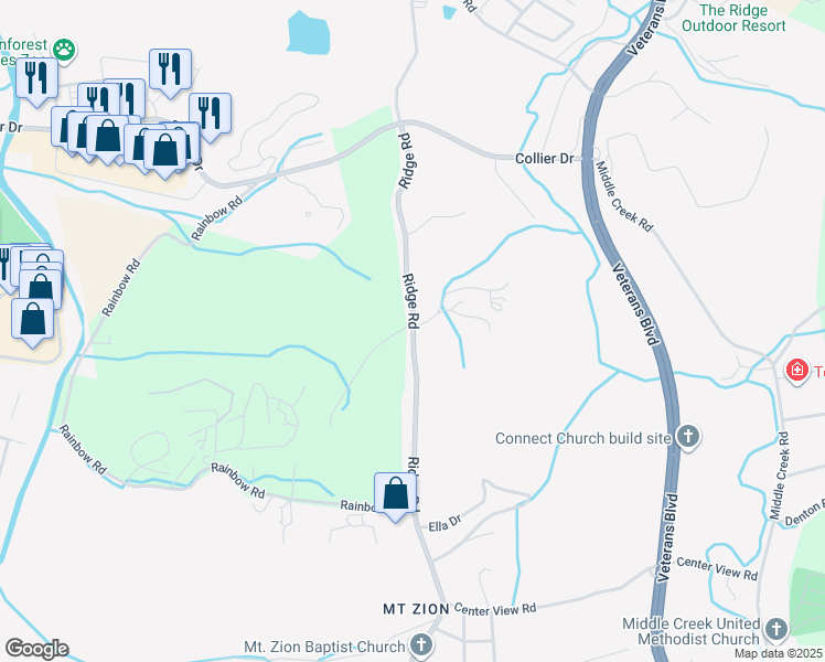 map of restaurants, bars, coffee shops, grocery stores, and more near 1573 Ridge Road in Sevierville