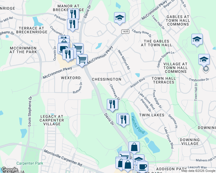 map of restaurants, bars, coffee shops, grocery stores, and more near 1004 Kelnor Court in Morrisville