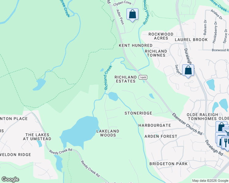map of restaurants, bars, coffee shops, grocery stores, and more near 5001 Richland Drive in Raleigh