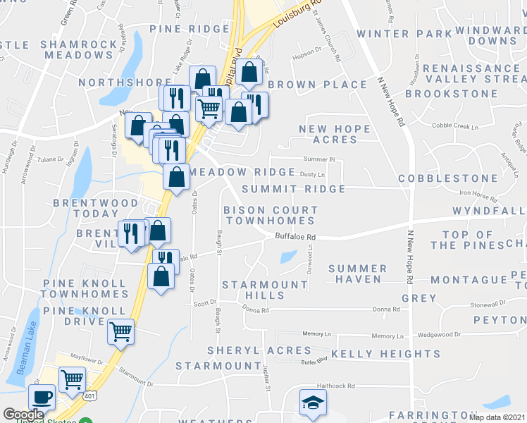 map of restaurants, bars, coffee shops, grocery stores, and more near 3835 Bison Hill Lane in Raleigh