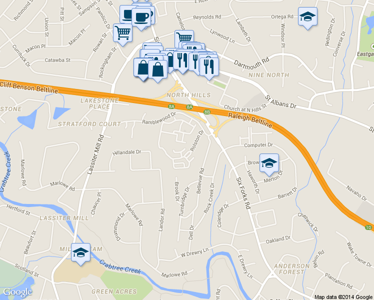 map of restaurants, bars, coffee shops, grocery stores, and more near 3615 Rolston Dr in Raleigh