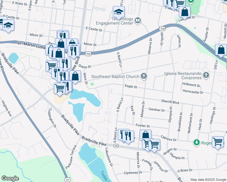 map of restaurants, bars, coffee shops, grocery stores, and more near 1415 Sherrill Boulevard in Murfreesboro