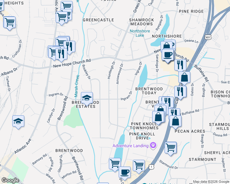 map of restaurants, bars, coffee shops, grocery stores, and more near 3612 Arrowwood Drive in Raleigh