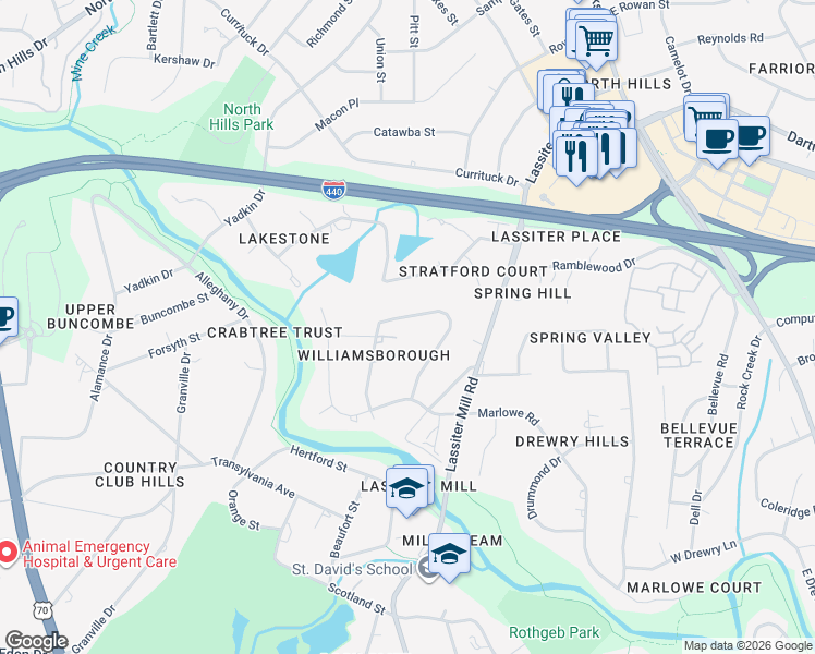 map of restaurants, bars, coffee shops, grocery stores, and more near 3609 Williamsborough Court in Raleigh
