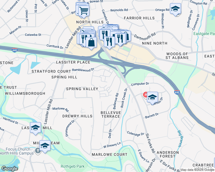 map of restaurants, bars, coffee shops, grocery stores, and more near 3615 Rolston Dr in Raleigh