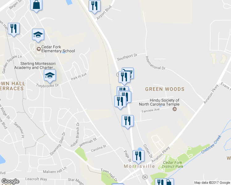 map of restaurants, bars, coffee shops, grocery stores, and more near 10305 Chapel Hill Road in Morrisville