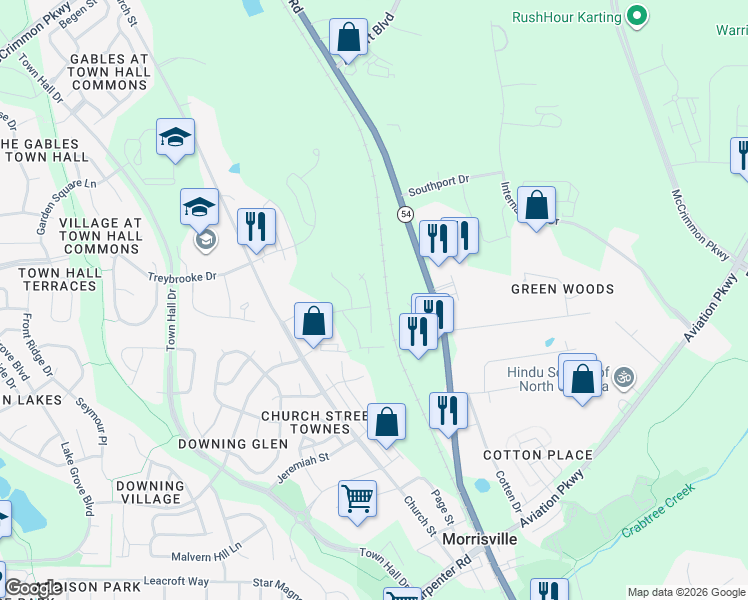 map of restaurants, bars, coffee shops, grocery stores, and more near 10305 Chapel Hill Road in Morrisville