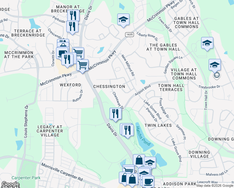 map of restaurants, bars, coffee shops, grocery stores, and more near 2019 Freeport Drive in Cary