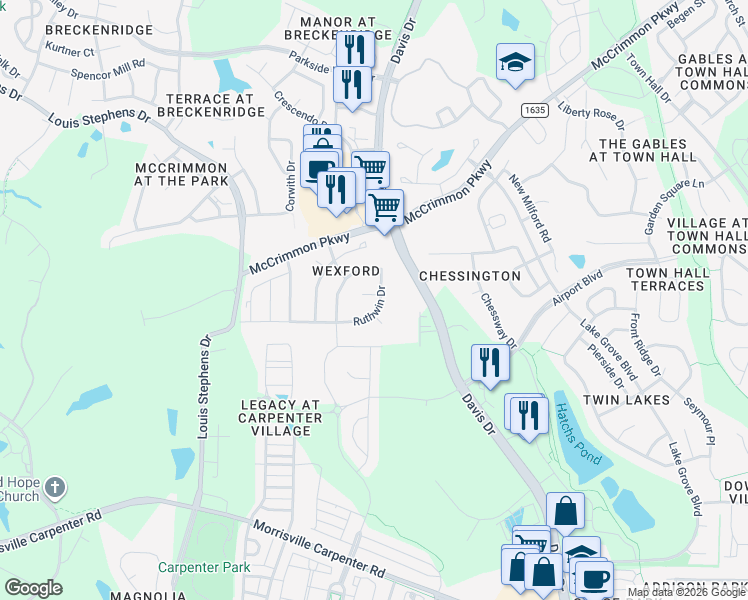 map of restaurants, bars, coffee shops, grocery stores, and more near 104 Trabur Court in Morrisville
