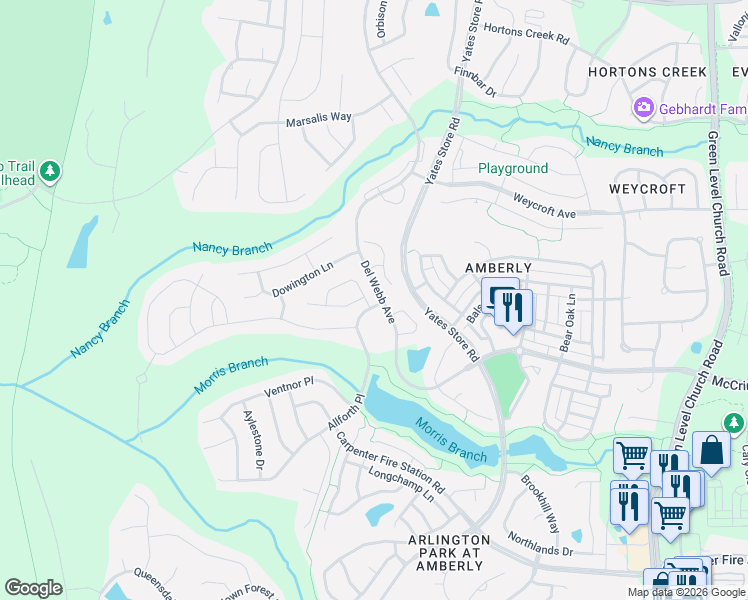 map of restaurants, bars, coffee shops, grocery stores, and more near 700 Burnaby Court in Cary