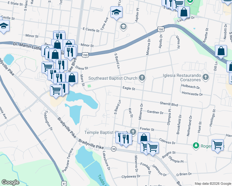 map of restaurants, bars, coffee shops, grocery stores, and more near 1415 Sherrill Boulevard in Murfreesboro