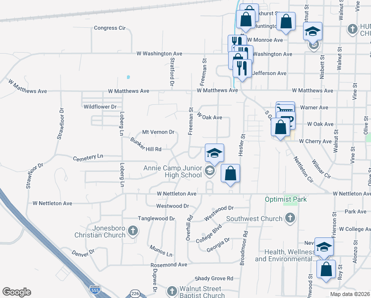 map of restaurants, bars, coffee shops, grocery stores, and more near 1029 Freeman Street in Jonesboro