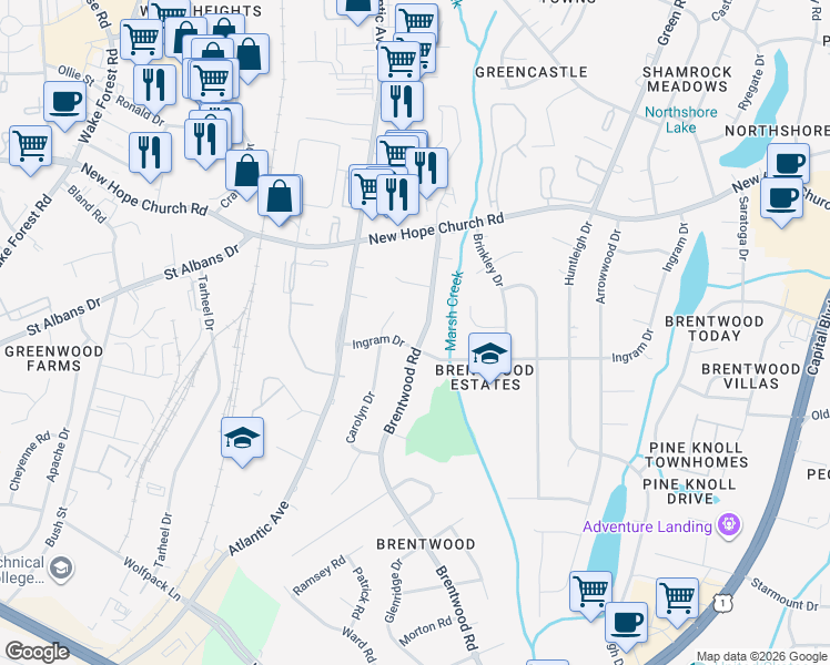 map of restaurants, bars, coffee shops, grocery stores, and more near 3609 Brentwood Road in Raleigh