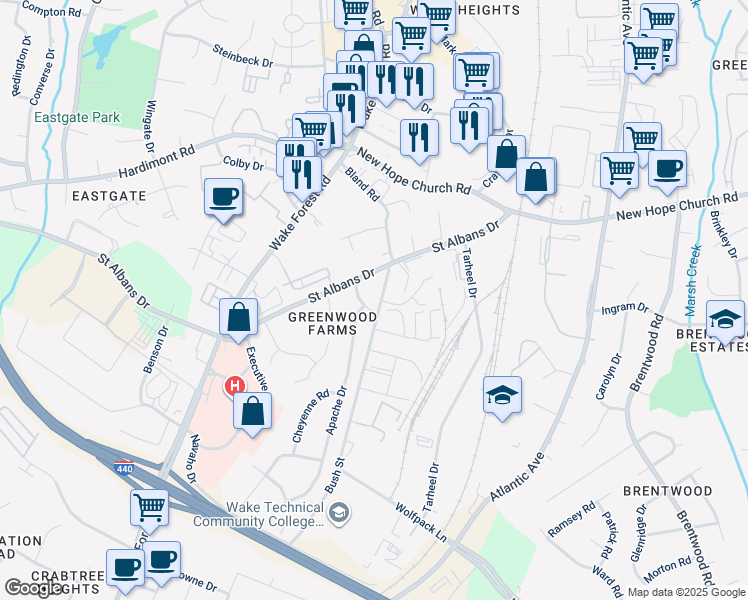 map of restaurants, bars, coffee shops, grocery stores, and more near 3501 Sioux Drive in Raleigh