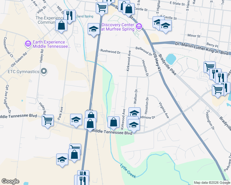 map of restaurants, bars, coffee shops, grocery stores, and more near 1026 Glaze Court in Murfreesboro