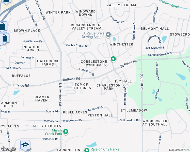 map of restaurants, bars, coffee shops, grocery stores, and more near 4501 Buffaloe Road in Raleigh