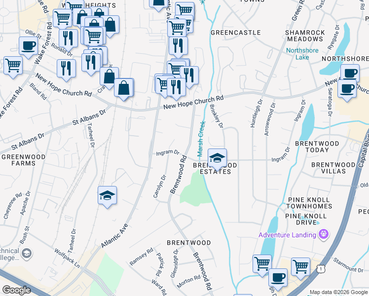 map of restaurants, bars, coffee shops, grocery stores, and more near 3609 Brentwood Road in Raleigh