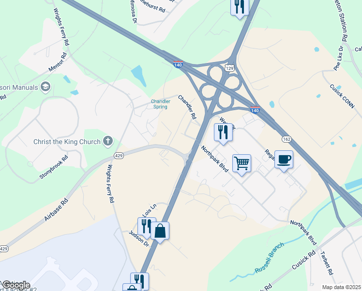map of restaurants, bars, coffee shops, grocery stores, and more near 1708 Airbase Road in Louisville