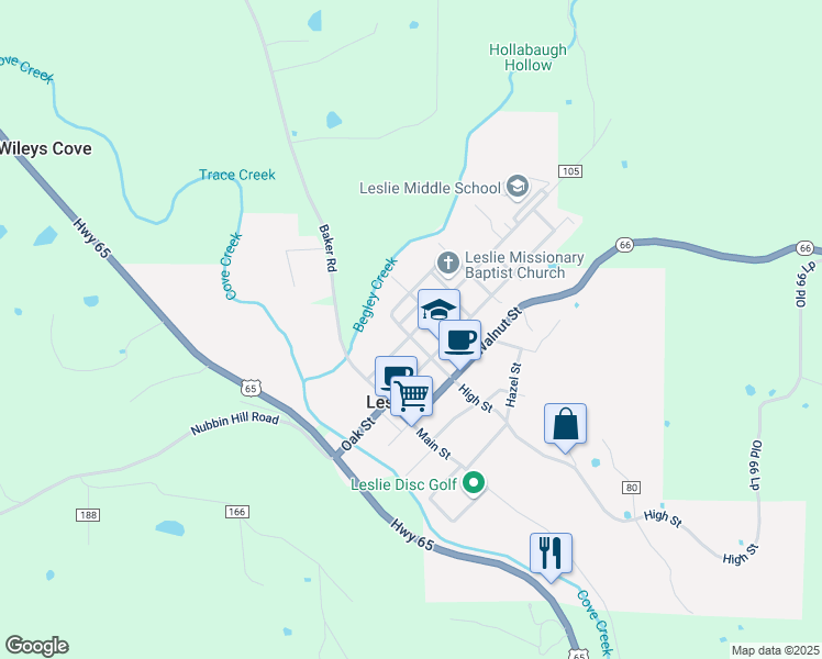 map of restaurants, bars, coffee shops, grocery stores, and more near 402 Elm Street in Leslie