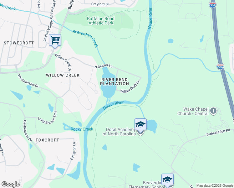 map of restaurants, bars, coffee shops, grocery stores, and more near 3504 Willow Bluff Drive in Raleigh