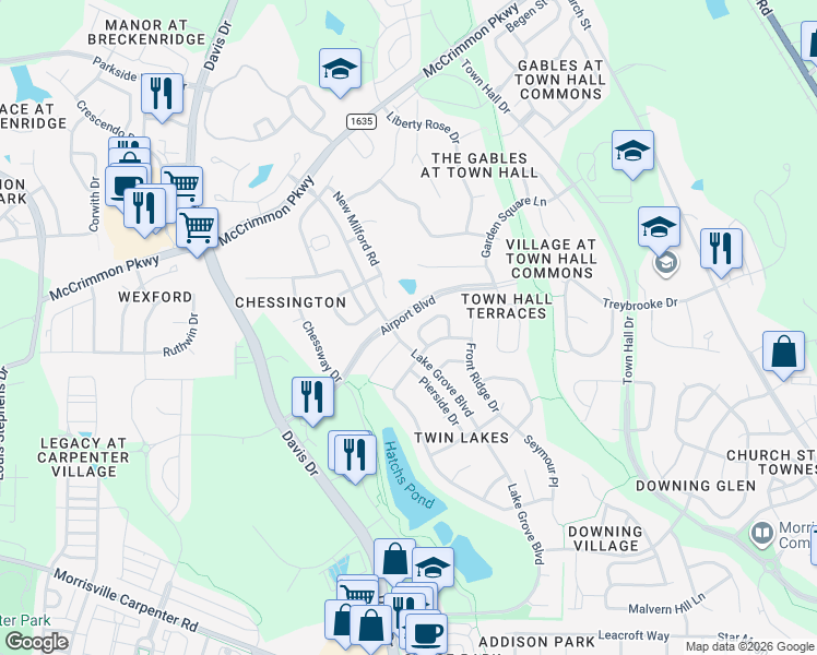 map of restaurants, bars, coffee shops, grocery stores, and more near 432 Otter Cliff Way in Cary