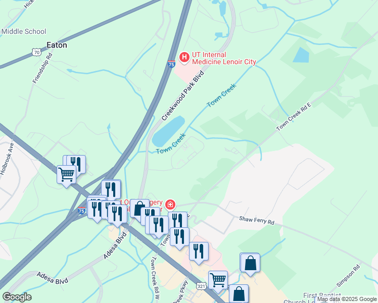 map of restaurants, bars, coffee shops, grocery stores, and more near 245 Creekwood Cove Lane in Lenoir City