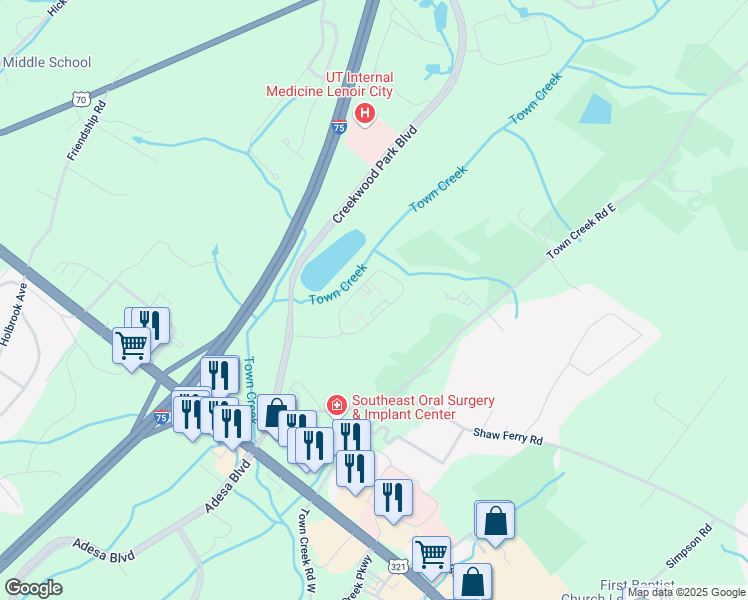 map of restaurants, bars, coffee shops, grocery stores, and more near 245 Creekwood Cove Lane in Lenoir City