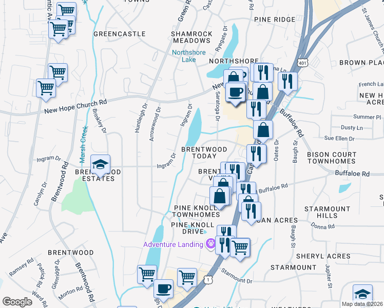 map of restaurants, bars, coffee shops, grocery stores, and more near 3609 Greywood Drive in Raleigh