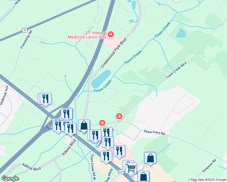 map of restaurants, bars, coffee shops, grocery stores, and more near 245 Creekwood Cove Lane in Lenoir City