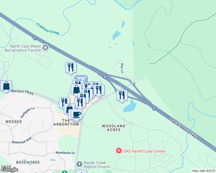 map of restaurants, bars, coffee shops, grocery stores, and more near 1915 North Harrison Avenue in Cary