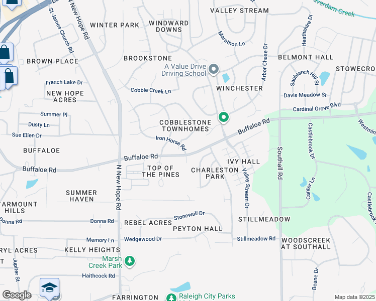 map of restaurants, bars, coffee shops, grocery stores, and more near 4501 Buffaloe Road in Raleigh