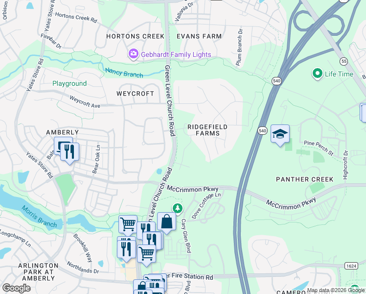 map of restaurants, bars, coffee shops, grocery stores, and more near 121 Plaudit Place in Cary